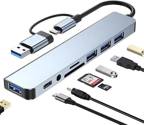 TVD DIGITAL Hub USB C 8 in 1 Con 4 Porte, Lettore Schede SD/TF, Jack Cuffie 3,5 mm, Porta Dati - Compatibile Con Mac/Windows/Linux/Tablet/Smartphone