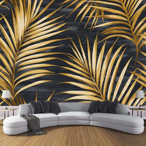 Carta Da Parati Fotografica Oro Foglie Di Palma, Tropicale Design Carta per Pareti Soggiorno Camera Da Letto Sala Fotomurali, Blu scuro Tessuto di Seta Murale, 400Lx280A cm