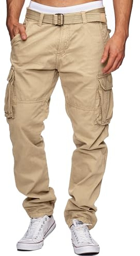Indicode Herren William Cargohose aus Baumwolle m. 7 Taschen inkl. Gürtel | Outdoorhose Greige, S
