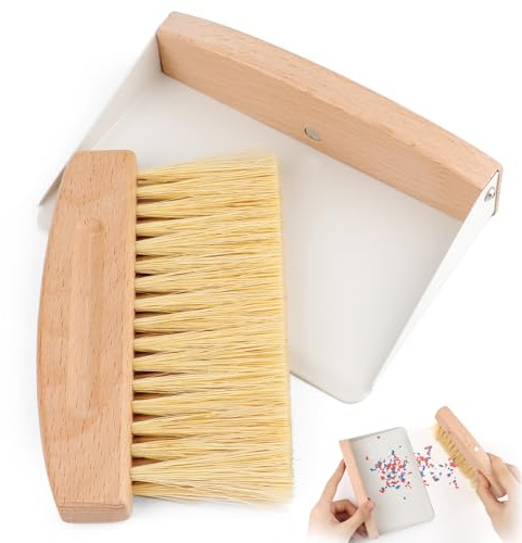 Small Dustpan and Brush Set with Wooden Handle, Mini Metal Crumb Sweeper for Table, Countertop, Kitchen or Desk Cleaning Tools (White)