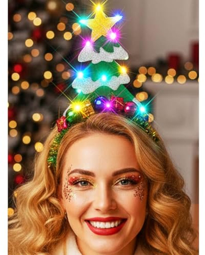 Unicra Light Up Christmas Headbands Christmas Tree Headband Holiday Xmas Hair Accessories for Women and Adults