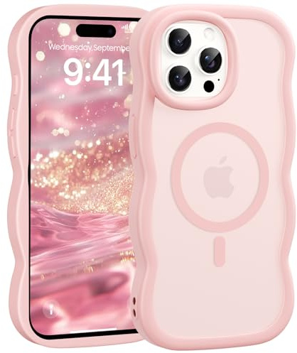 Jrkvniv Cover Magnetica per iPhone 15 Pro Custodia, Compatibile con Magsafe Cornice Cornice Ondulata Forma Traslucida Opaca Cover Morbido Silicone Protettiva Antiurto Antigraffio Case, Rosa