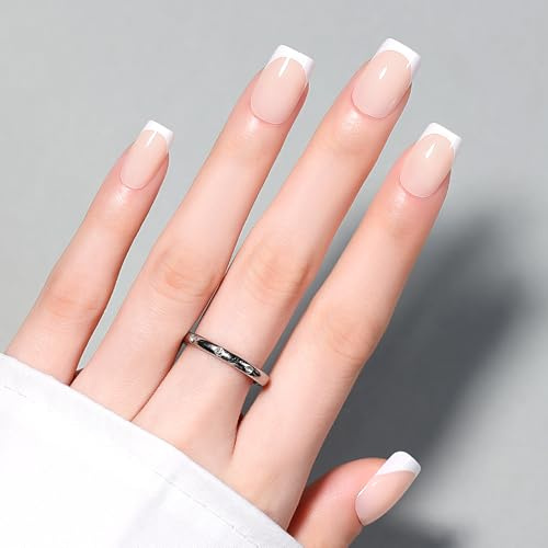 Luxbon Square French Press On Nails Kit, 30-32pcs with No-Cure Glue, White | Acrylic stick on nails. No need UV lamp. Full size set. Reusable. For women. For daily & party occasions. Ideal gift.