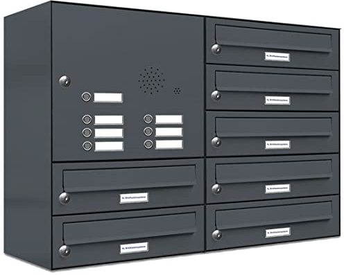 AL Briefkastensysteme 7er Briefkastenanlage mit Klingel Anthrazit Grau RAL 7016, Premium Briefkasten DIN A4, 7 Fach Postkasten modern Aufputz