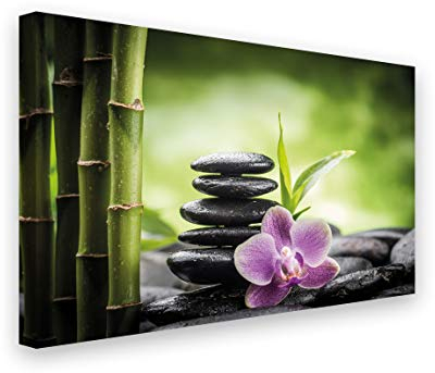 PICSonPAPER Leinwandbild Zen Steinturm Bambus Orchidee, 70 cm x 50 cm, Dekoration, Kunstdruck, Wandbild, Geschenk, Leinwand Enstpannung