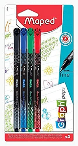 Maped – 4 Filzstifte für Graph'Peps Deco – feine Spitze 0,4 mm – robuste Spitze – Schreiben und Zeichnen – 4 Filzstifte in den Farben Schwarz, Grün, Rot, Blau