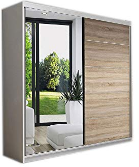 MOEBLO Kleiderschrank Schwebetürenschrank mit Spiegel 2-türig Schrank mit Einlegeböden und Kleiderstange Gaderobe Schiebtüren BxHxT 150x200x61 Lara 05 (Weiß + Sonoma)