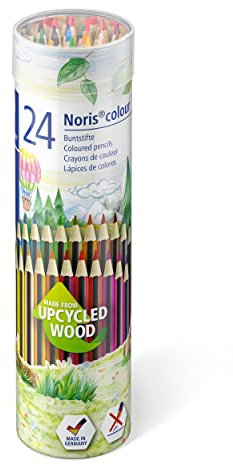 STAEDTLER Buntstifte Noris colour, rutschfeste Soft-Oberfläche, hohe Bruchfestigkeit, Made from Upcycled Wood, intensive Farben, Sechskantformat, 24 Farbstifte in Metallrunddose, 185 MD24