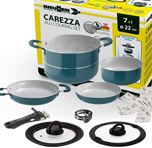 BRUNNER Camping Kochgeschirr-Set Keramik (Töpfe und Pfannen) - ø 22 cm Carezza mit Gurt - 2 bis 4 Personen - Beschichtet, Leicht & Stapelbar
