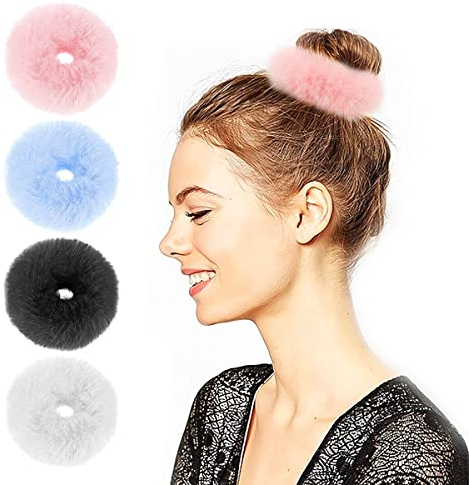 4 Stück Pom Pom Haargummi, Kunstfell-Haargummi, Pferdeschwanz-Halter für Mädchen und Frauen, Haar-Accessoires, flauschig, elastisch, pelzig, Pompons, Armband, flauschig, Kaninchen, pelzige Seile