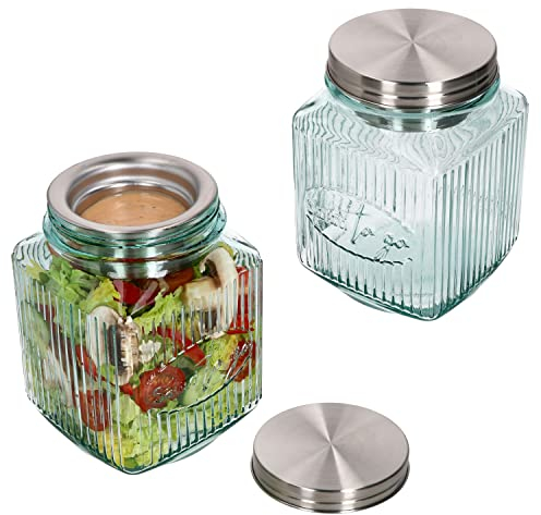 MamboCat 2er Set Salat to Go Vorratsglas 1 L I Aufbewahrungsbehälter für Salat I 100% recyceltes Glas I nachhaltige Snack- & Lunch-Box für unterwegs I 2X Deckel + 2X Dressingbehälter + 2X Glas dicht