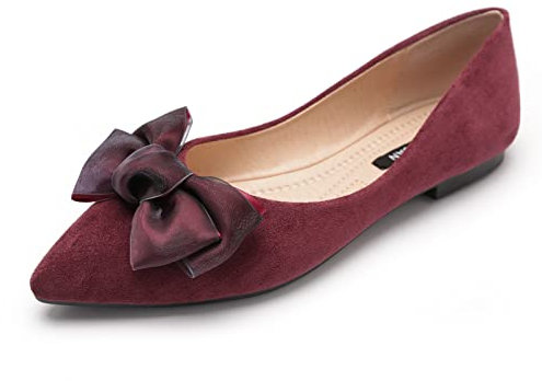 MACHSWON Womens Ballet Flats Pointed Toe Bow Faux Suede Ladies Black Slip On Ballet Pumps Dolly Shoes(Wine Red-1, Size 4)