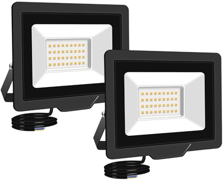 RIGIDON 2x 30W Projecteur d'extérieur Led, 3000LM Luminaire Exterieur, IP66 étanche Éclairage de Sécurité Extérieur, Projecteur led lampe de Patio Garage Terrasse Jardin Chantier, 3000K Blanc Neutre