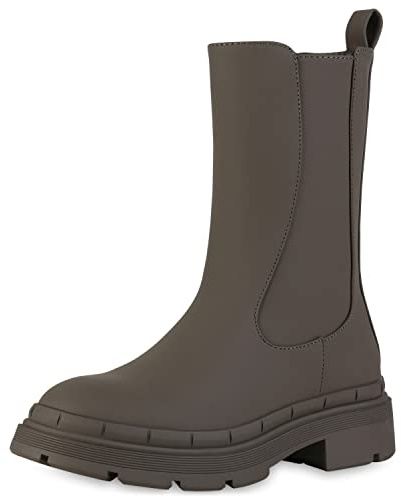 VAN HILL Damen Klassische Stiefel Leicht Gefütterte Blockabsatz Schuhe Profilsohle Boots Freizeitstiefel Plateauschuhe 208419 Olivbraun 38