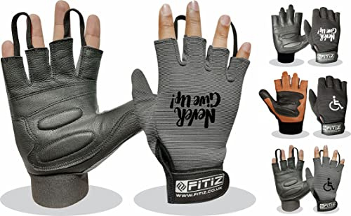 FITIZ Rollstuhlhandschuhe aus echtem Leder, gepolsterte Handschuhe, atmungsaktiv, fingerlos, Fahrradhandschuhe mit rutschfestem Griff, leichte Fahrradhandschuhe