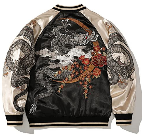 Dragon Bestickte Baseball-Jacke Männer Und Frauen Mäntel Kollision Farbe,Black a,L