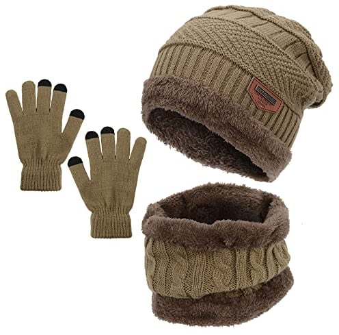 Durio Kindermütze Schlauchschal Handschuhe Mütze Set Wintermütze mit Fleece Gefütterte Strickset für Jungen und Mädchen Khaki Einheitsgröße
