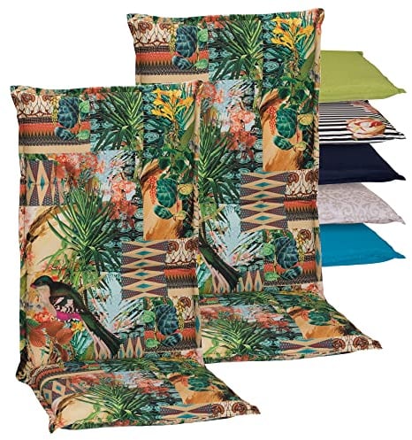 Beo Hochlehner-Auflagen 2er Set UV-beständig Turin | Made in EU Premium-Qualität | Gartenstuhl-Auflagen waschbar | Atmungsaktive Stuhlauflagen Hochlehner | Sitzauflagen mit Dschungel-Motiv Grün