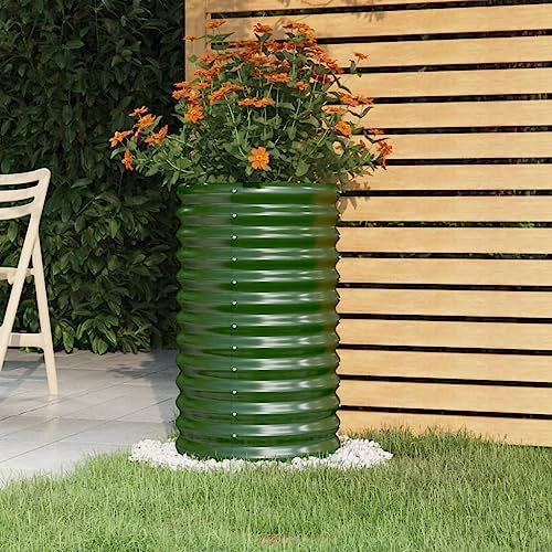 puraday Jardinière de Jardin Acier Enduit de Poudre 40x40x68 cm Vert Pot de Fleurs de Forme Ronde Décorer Balcon Patio Lit Surélevé Grand Espace Planter Légumes Aromates Herbes Plantes