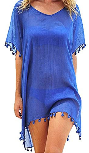 Edhomenn Women Chiffon Beachwear Tassel Bikini Cover Up Short Beach Dress Solid See-Through Swimsuit Summer Casual Swimwear (Blue, One Size)