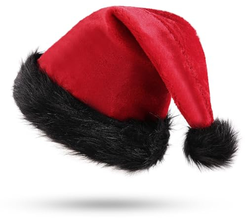 KONVINIT Rote Weihnachtsmütze Weihnachtsmann Mütze Erwachsene Plüsche Nikolausmütze Warm and Dicker Santa Mütze Weihnachtshut für Weihnachtsfeier,rot und schwarz