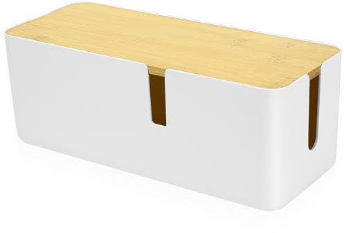 Caja de Cables, Caja de Gestión de Cables, Caja de Almacenamiento de Cables con Tapa de Bambú, Organizador de Cables para Esconder Cables, Regletas de Enchufes, Cables Sueltos, Blanco.