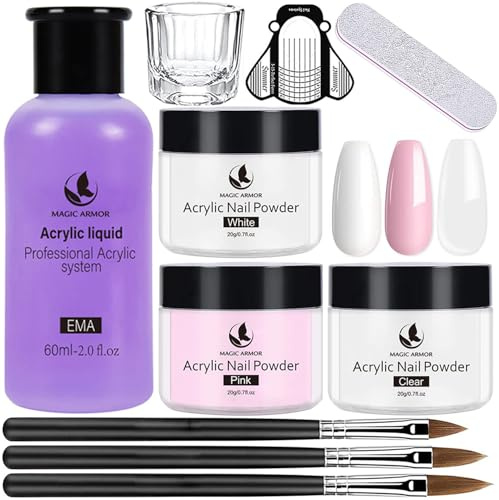 MAGIC ARMOR Acryl Nägel Kit, 3 pcs Acryl Pulver mit Liquid für Nägel Langsame Erstarrung, Geruchsarm für Anfänger und Nagelexperten DIY Nail Art Design, Keine UV-Lampe erforderlich