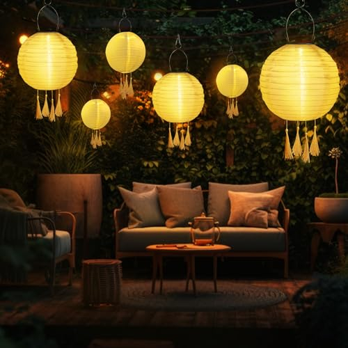 IEEILULU Lampions Solar Außen, Nylon Hängende Gartenlaterne Solar, Solar Lampion Boho Style Warmweiß mit Clip und Quastenbesatz für Garten, Hof, Terrasse, Hochzeit, Fest Deko (20/25/30cm-6 Stück)