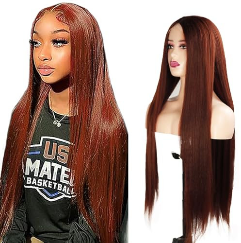 Hxxcoup Straight Wig Human Hair Perücke Reddish Echthaar Perücke Rotbraun Perücke Damen Perücke 5x5 Lace Front Wig Welliges Haar Braun Farbe Lange Perücken Human Hair Wig for Black Woman 20 Zoll