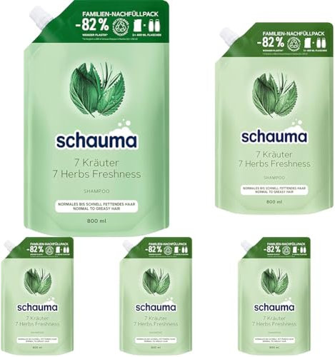 Schauma Shampoo 7 Kräuter Nachfüllpack (800 ml), Haarshampoo verleiht der Haarstruktur eine leichte Frische, Frische-Shampoo für normales bis schnell fettendes Haar (Packung mit 5)