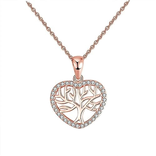 Lieson 925 Sterling Silver Chain Necklace for Women, Friendship Necklace Tree of Life Hollow Heart with Cubic Zirconia Pendant Necklaces Rose Gold, 18 Inches Length