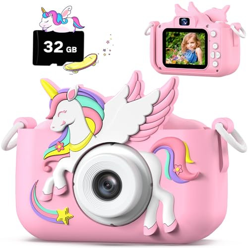 Kinderkamera, Einhorn Selfie Digital Kamera mit 32GB Karte, Weihnachts Geburtstagsgeschenk für Jungen und Mädchen, 1080P HD Kinder Kamera, Geschenke Spielzeug für 3 4 5 6 7 8 9 10 11 12 Jahre