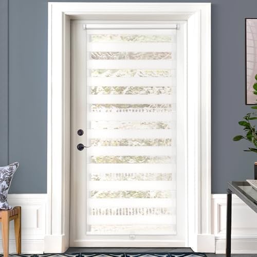 LazBlinds Cordless French Door Blinds, No Drill Roll Up Zebra Blinds, Light Control Day and Night Sheer Shades for Front Patio Sidelight Glass, 33.8'' W x 78'' L, White