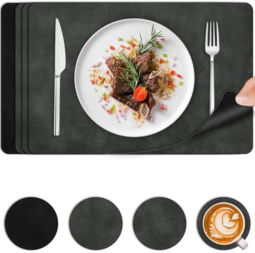 BEIJIE Placemats and Coasters Set 4, Faux Leather Dual Sided Table Mats Heat-Resistant, Washable Wipeable Place Mats for Table, Cowhide Grain Non-Slip Placemats for Home Restaurant(Dark Grey & Black)