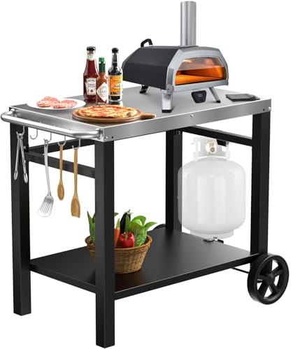 Stainless Steel Grill Cart Pizza Oven Stand Trolley Table, Movable Flattop Grill Cart with Wheels Double-Shelf Movable Food Prep and Work Cart Table Heavy Duty Grill Cart Outdoor Cart 39.5×25