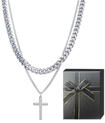 Yunjuhop Kreuz Kette Herren Edelstahl Kette MäNner Jesus Kreuz Kette Kubanische Kette Geschichtet Kreuz AnhäNger Abschluss Geburtstag Geschenke FüR MäNner
