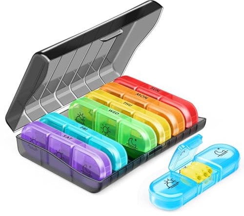 NEUTYPECHIC Tablettenbox 7 Tage 3 Fächer, Medikamentenbox Feuchtigkeitsdicht mit Separaten, Tablettenbox 7 tage morgens mittags abends für Medikamente, Fischöl, Pillendose mit Wochenmarke, Regenbogen