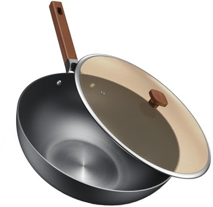 Jobin Wok in acciaio al carbonio con coperchio, capacità 5,2 l, per 4-6 persone, per induzione, gas