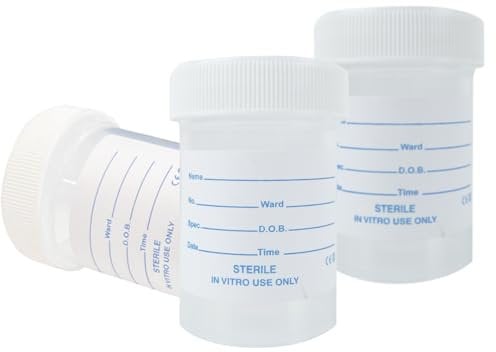 Voarge 10 Urine Sample Bottles Specimen Pot, 60ml Label Pots Screw Top Lid, Specimen Pot Graduated Container with Lid & Printed Label