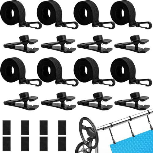 Enrollador de piscina – Bandas de sujeción – Juego de 8 bandas de fijación y grapas accesorios para sistema de enrollado móvil – Pantalla solar móvil para lonas de piscina, cubiertas