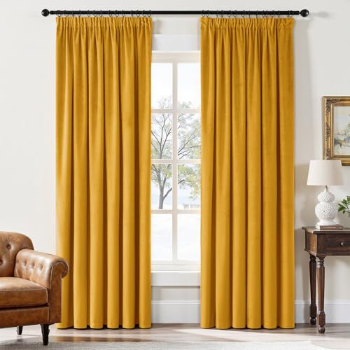 EMEMA Blickdichte Samt Vorhänge mit Kräuselband Senfgelb 2er H225xB140cm | Samt Gardinen Deko Blickdichte Vorhänge mit Kräuselband Wohnzimmer Schlafzimmer Verdunkelung Thermovorhang Samt kräuselband