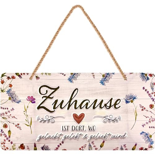 LANOLU Retro Blechschild- ZUHAUSE SCHILD- ZUHAUSE ist es am SCHÖNSTEN - Geschenk zum Einzug - Richtfest Geschenk - Metallschilder Familienregeln- inkl. Jutekordel 16x32cm