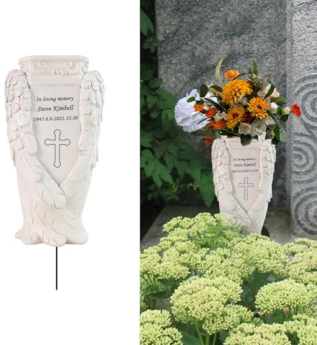Personalisierte Friedhof Vase Grab Vase mit Spike graviert mit jeder Nachricht, benutzerdefinierte Engel Flügel Grab Blumenhalter für Friedhof Marker Dekorationen Memorial Geschenke im Freien