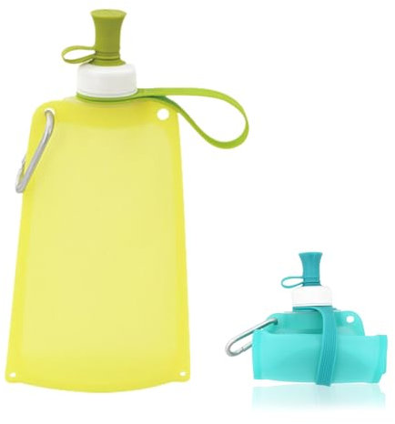550ML Foldable Silicone Water Pouch Reusable BPA Free Collapsible Water Bottle, Flexible Drink Pouch Bag Squeezable Hydration Flask with Carabiner for Outdoor Sports, Running, Travel, Biking (Green)