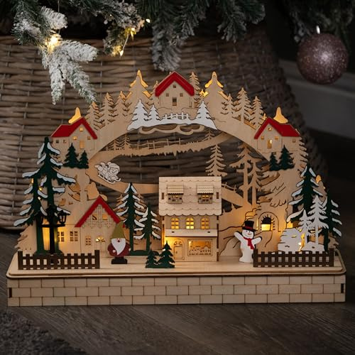 40cm Battery Operated Wooden Christmas Alpine Scene with LEDs