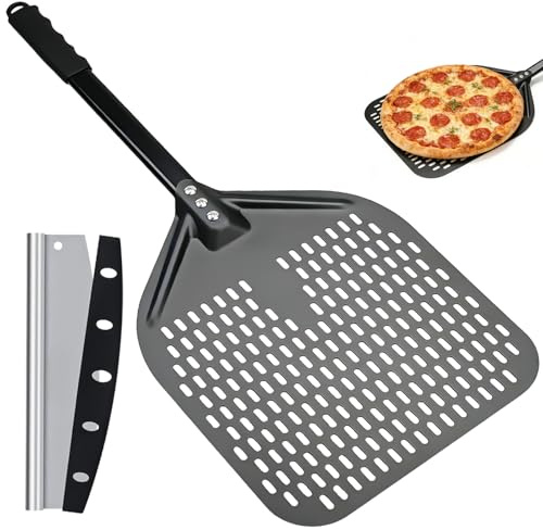 Pizzaschieber Perforiert 12 Zoll (40x30cm) - Pizza Schaufel Anodisiertes Aluminium mit Edelstahl Pizzamesser, 72cm Hitzebeständiger Griff für Pizzaofen, Backofen, Zubehör für Pizza Backen und Brot