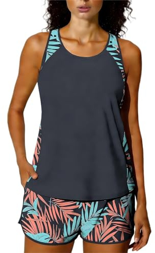 Maillot De Bain 2 Pièces pour Femme Ensembles De Tankini à Deux Bretelles sans Manches Rembourré Athlétique Et Modeste Assorti d'un Short Boxer à Imprimé De Palmiers Maillot De Plag