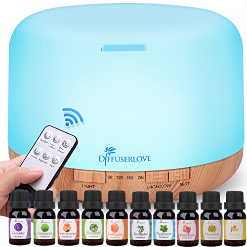 Diffuserlove Diffuseur d'Huiles Essentielles Electrique 500ML Télécommande Arômes Humidificateurs avec Design Muet, Minuterie et Arrêt Automatique sans Eau pour Bureau Salon, LED