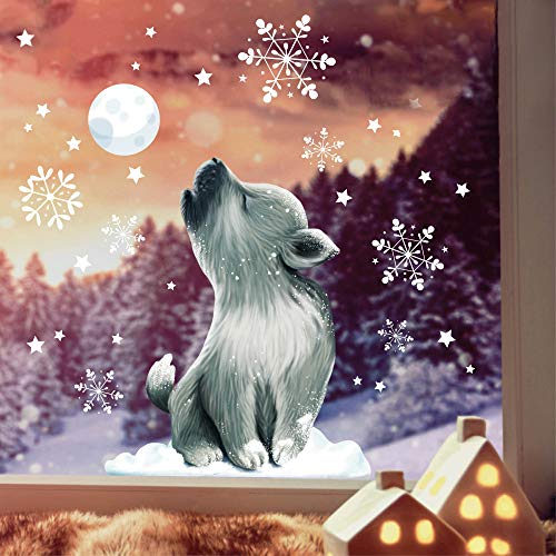 Wandtattoo Loft Fensterbilder Weihnachten mit heulenden Wolf und Schneeflocken – Wiederverwendbar – A4 Bogen – Weihnachstdeko Fenster Kinderzimmer, Weihnachtsbilder Fenster, Fensterbild Winter