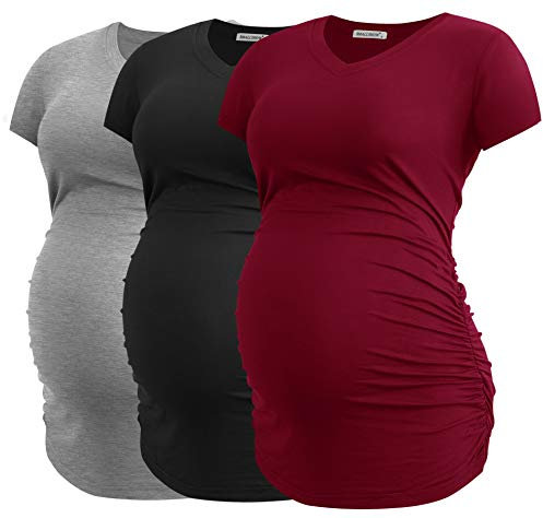 Smallshow Femmes V Cou Maternité Vêtements Haute Qualité Grossesse T Shirt 3-Pack,Black-Light Grey-Wine,2XL